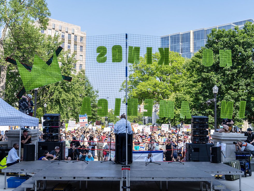 Georgian Senator Raphael Warnock speaks at the No Kings protest on June 14, 2025.