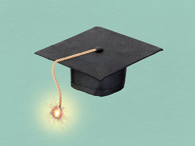 A graduation cap with a tassle made of a lit fuse.